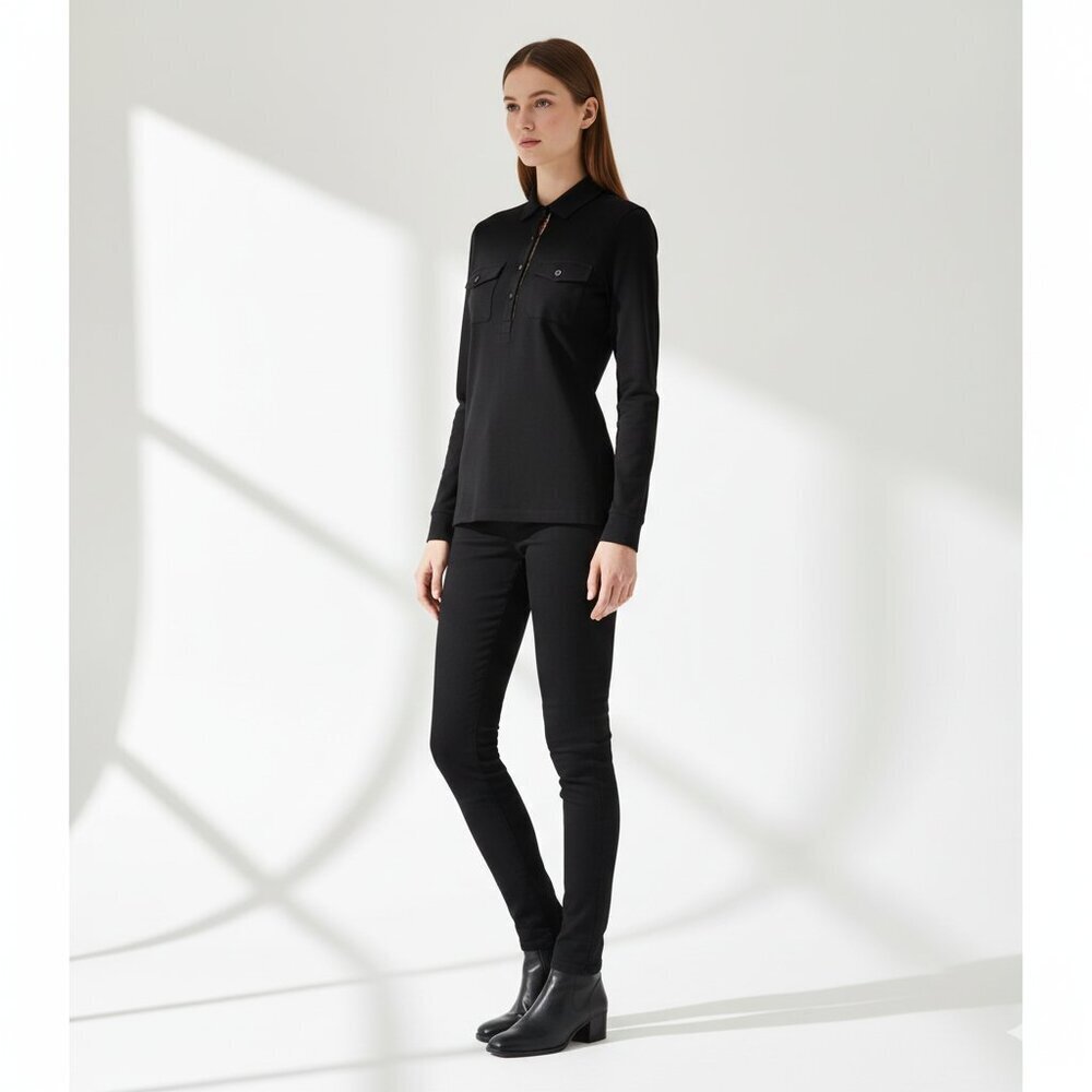 Burberry Vintage Long Sleeve Cotton Blend Polo Shirt Black Women XS